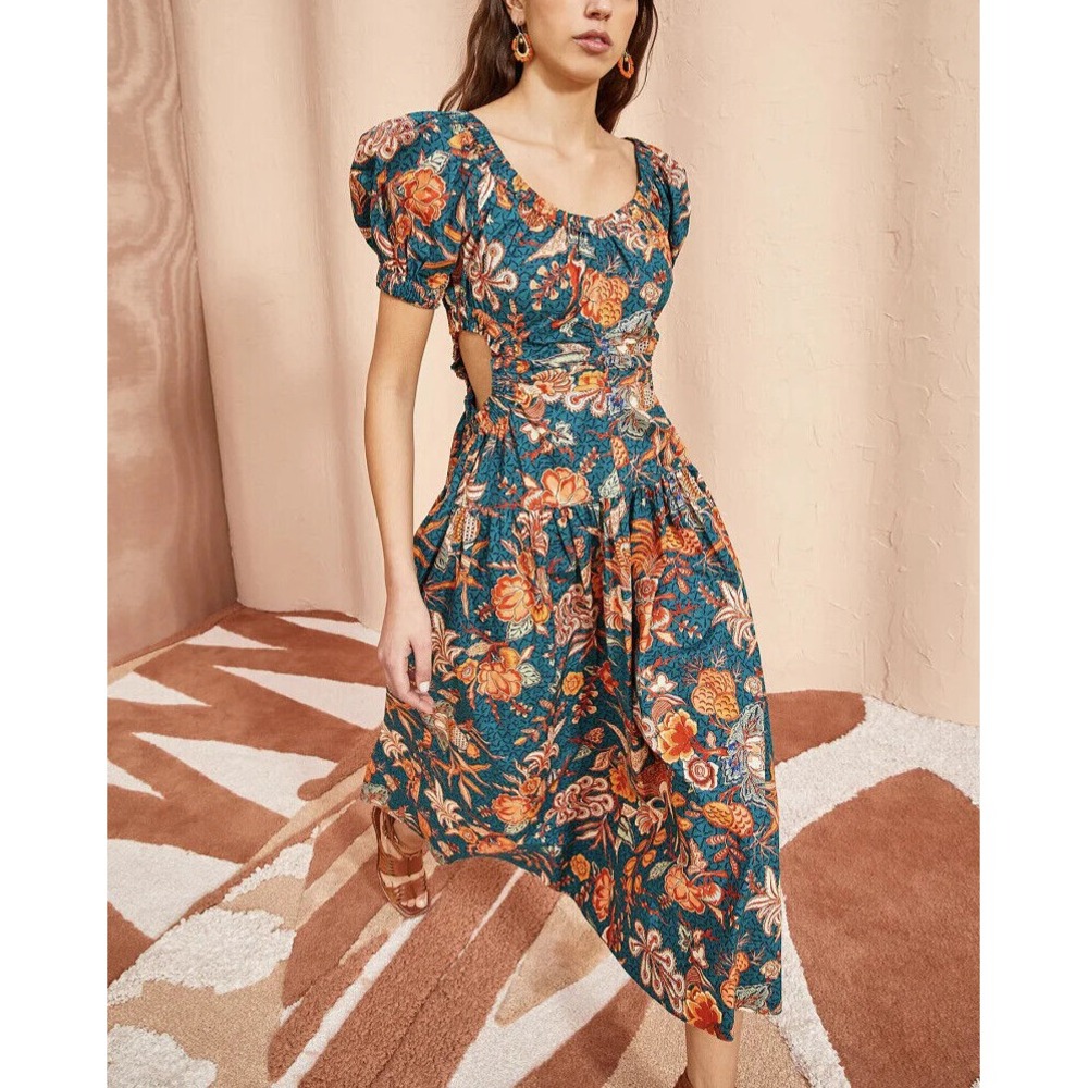 Ulla Johnson Golda Cutout Floral Cotton Poplin Midi Dress Delphinium Green 8